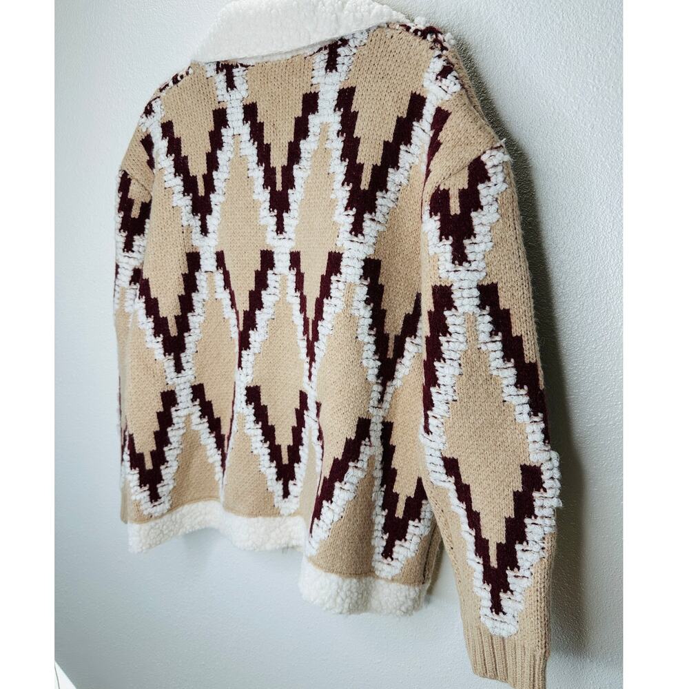 a. peach Tan Ivory Burgundy Southwest Print Button Collared Sweater Jacket S - Picture 8 of 13